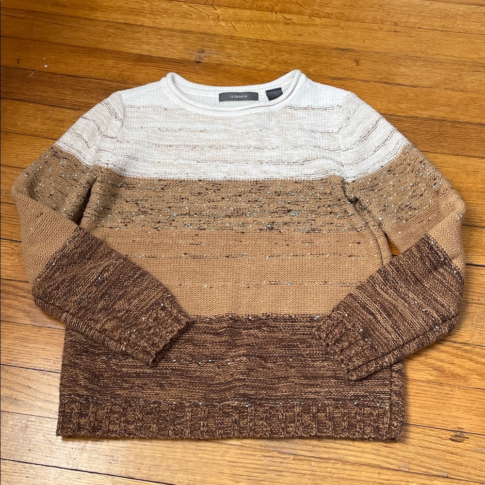 Vintage 90s Liz Claiborne Cotton Sweater Petite Cream Tan Brown Crew Rolled Neck